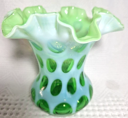 Vtg Fenton Glass VASE 6.25" Green /Blue Opalescent Coin Dot Ruffled Edge Rare
