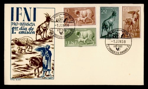 DR WHO 1959 SPANISH IFNI FDC ANIMAL SEMI POST COMBO M76544