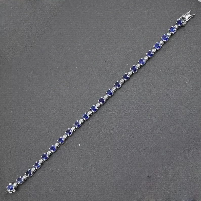 6Ct Blue Oval Cut Lab-Created Diamond Women Chain Bracelet 14K White Gold Plated - Image 4 of 4