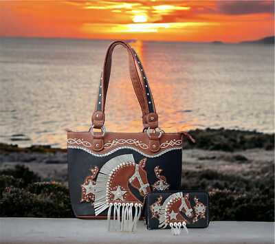 Western Horse Purse Handbag and Wallet Set Cowgirl Tote Fringe Shoulder Bag 