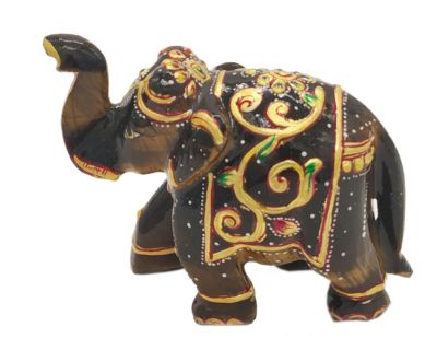 Tiger Eye Stone Elephant Covered by Gold Foil Painting Natural Gemstone