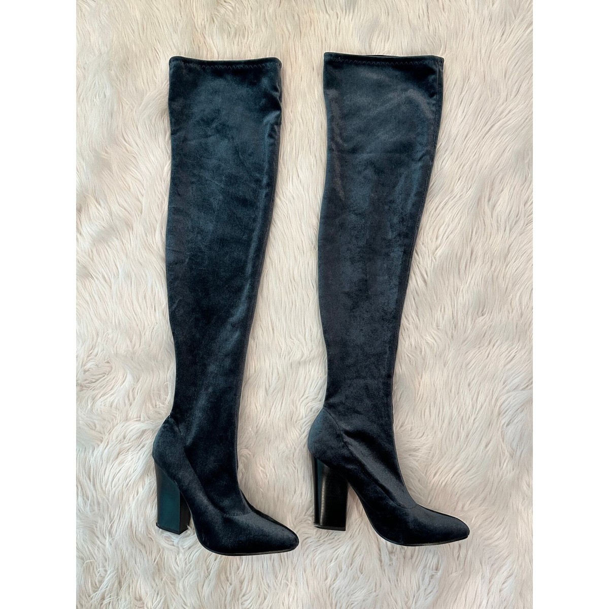 ダウンジャケット・コート Ella Velvet Over-the-knee Boots ZARA Over the Knee Boots Stretch Velvet Pointed Toe Block