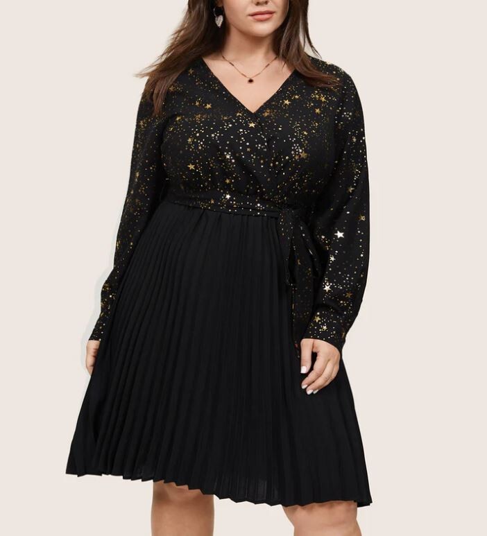 Bloomchic Gold Star Glitter Belted Pleated Faux Wrap BLACK Dress 12 LARGE |  eBay