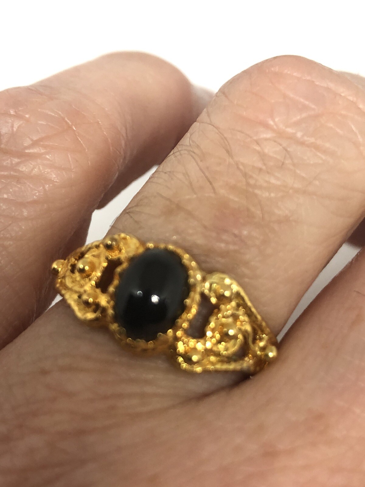 Vintage Black Onyx Ring Golden 925 Sterling Silver Size 7