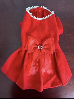 (NEW) Dog Cat Medium Red Dress Skirt Sweater Pearls Bow Snaps