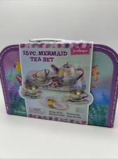 Jewelkeeper Mermaid Tea Set 15 Pc Tin Tea Pot Tray Plates Cups Saucers Case