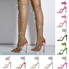 Women's Rhinestone Decor Ankle Strap Stiletto High Heel Lace up Summer Sandals