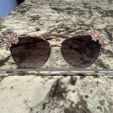 Girls Cat Eye Pink Metal Sunglasses Full Rim Black Lens Daisy Flower Theme