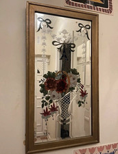Vertical Vintage Wall Mirror, Gold Painted Wood Frame, Floral Theme, Clear Glass