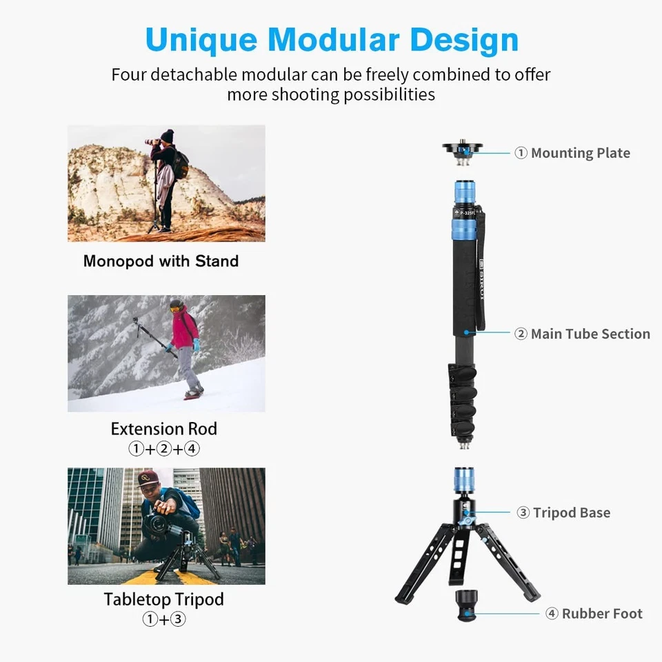 SIRUI P-325FS+VA-5 Carbon Fiber Camera Tripod Monopod Kit With Fluid Video Head - Image 4 of 4