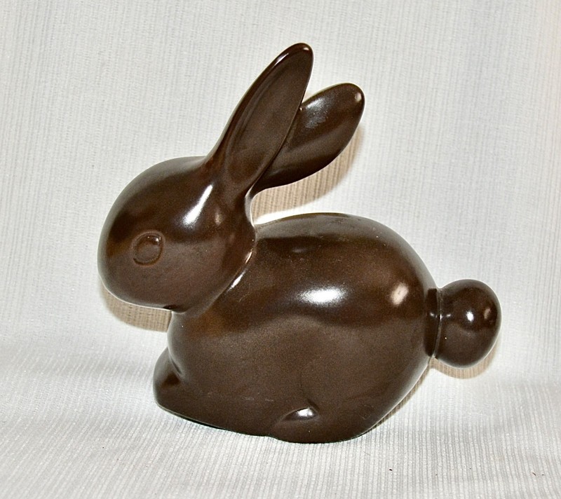 vintage glazed ceramic "chocolate" bunny figurine signed "Dawn" 6x6x2.5 in