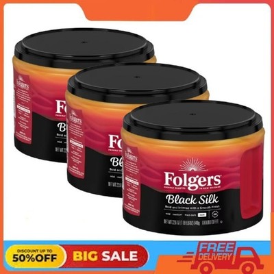 3 Pack Folgers Black Silk Ground Coffee, Dark Roast, 22.6 oz Canister