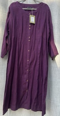 Gudrun Sjoden Size XL 100% Linen Purple Button Front Duster Dress BNWT New!