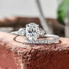3 CT Oval Three Stone Diamond Bridal Set Engagement Ring 14K White Gold Finish