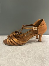 International Dance Shoes, Latin, Tan Satin, Uk Size 9 Wide Used 2.5” Flare Heel