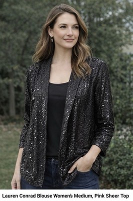 Jingle Belles by Kim Gravel Sequin Womens M Black Open Front QVC Jacket Blazer