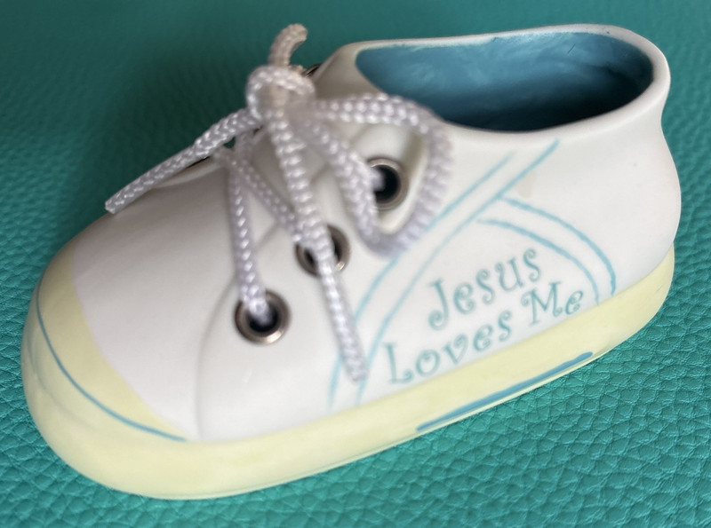 NEW Jesus Loves Me Personalize Baptism Porcelain Baby Boy Shoe Keepsake Brownlow