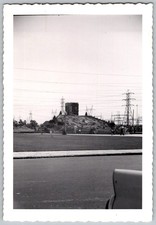 Vtg B&W Snapshot People Visiting Large Floral Clock Near Electric Lines 1950s