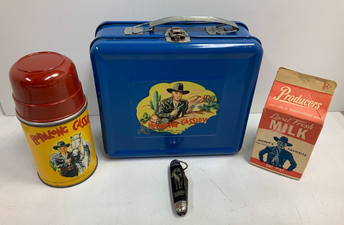1950 Hopalong Cassidy Blue Metal Lunch Box Thermos Knife Milk