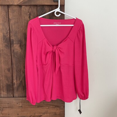 Ava & Viv Top Womens 1X Hot Pink Bow Barbiecore Bright Scoopneck New