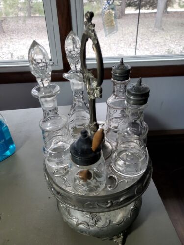 Vintage Castor Cruet Condiment Set Silver Plate Stand with 5 Etched Bottles