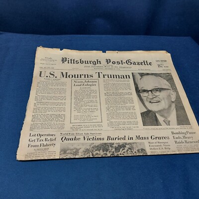 Vintage 1972 December 27, Pittsburgh Post Gazette Newspaper ''U.S. Mourns Truman''