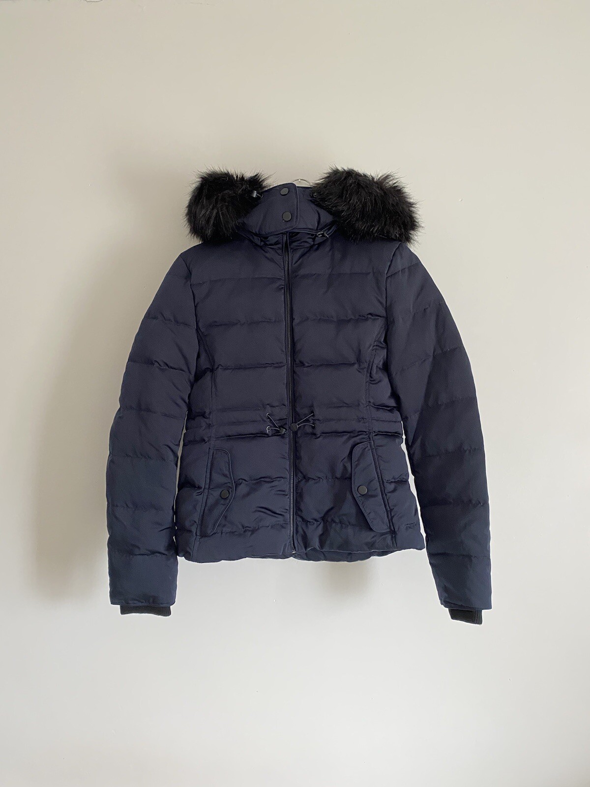 Zara Water Repellent Navy Blue Faux Fur Hooded Down Puffer Jacket Coat, Size S image 2