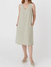 100% Magic Linen women's L Toscana V-neck gingham Dress green sleeveless pockets