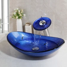 Oval Tempered Glass Vessel Sink & Faucet For Bathroom Pop-Up Drain Combo Tap Set