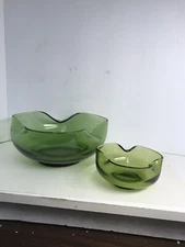 Anchor Hocking Chip and Dip 2pc Set MCM Avocado Green Crimped Glass Vintage