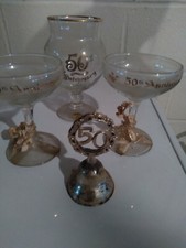 50th Anniversary Champagne Glasses (2) Wine Glass (1) and Bell (1)