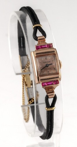 Gruen 14k Rose Gold Precision Watch w/ Ruby and Aftermarket Cord Strap - Picture 2 of 7