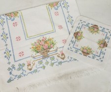 Vintage JCPenney Cross Stitch Print Floral Cotton Bath Towel Fringe Made in USA