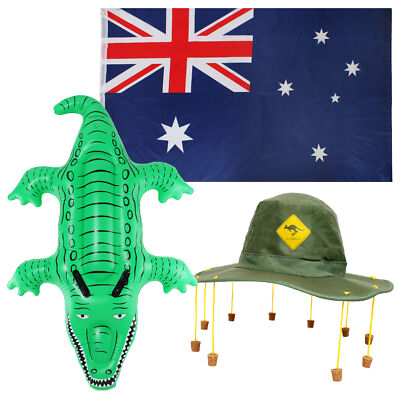AUSTRALIEN FLAGGE AUSTRALISCHER KORKHUT & AUFBLASBARES KROKODIL AUSTRALIEN TAG DOWN UNDER