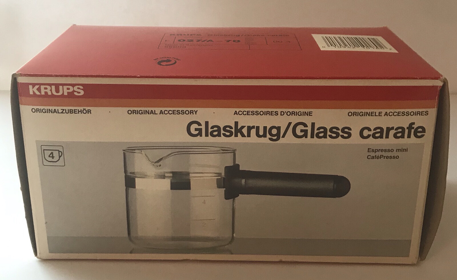 KRUPS GLASS CARAFE Replacement  027/A-70 For Espresso Mini/Cafe Presso, White