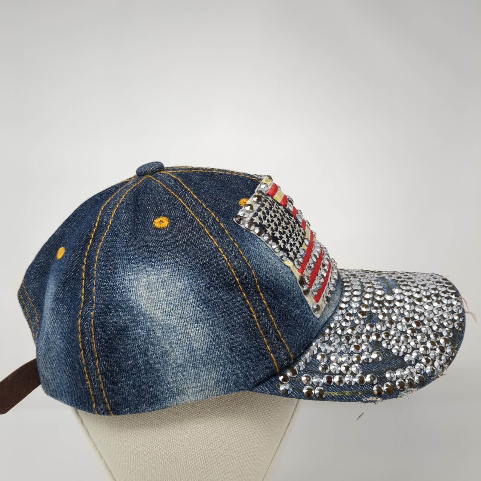 USA Flag Patch Bling Slideback Hat Blue Denim One… - image 4