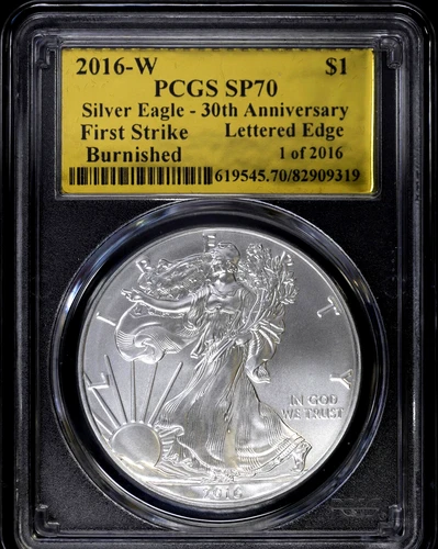 2016-W Burnished Silver Eagle PCGS SP70 First Day West Point Gold Label RARE