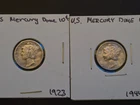 Lot of 2 Vintage Silver Mercury Dimes - 1923 & 1944 - 90% Silver