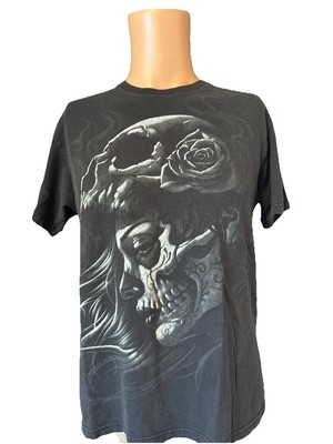 Vintage Faded Liquid Blue Dia De Los Muertos Sugar Skull Black Shirt Size Medium