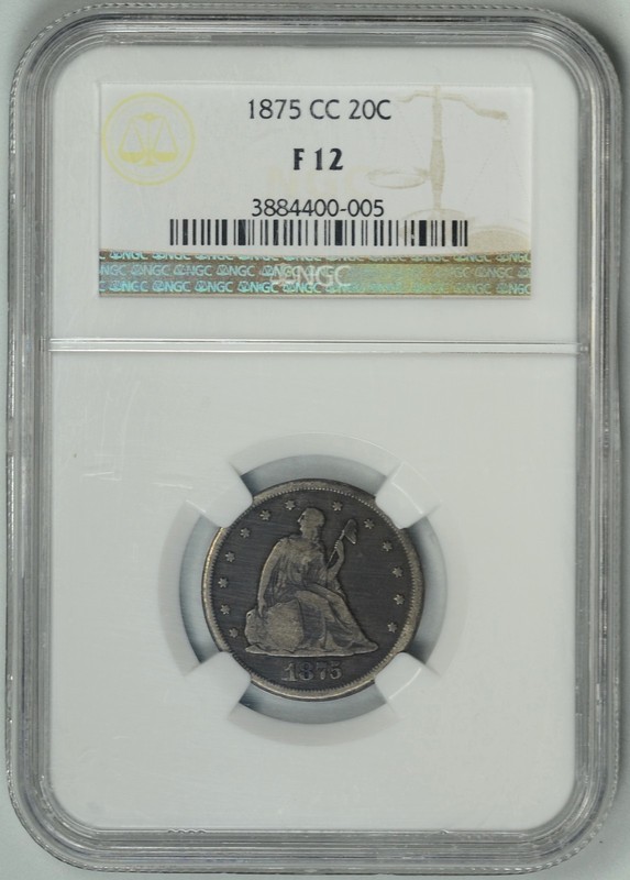 1875-CC  20c  NGC  F12  ~  CARSON CITY MINT 20 CENT PIECE  ~  #3884400-005