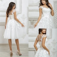 Short Wedding Dress Cap Sleeve Lace Appliques Boho Princess Illusion Bridal Gown