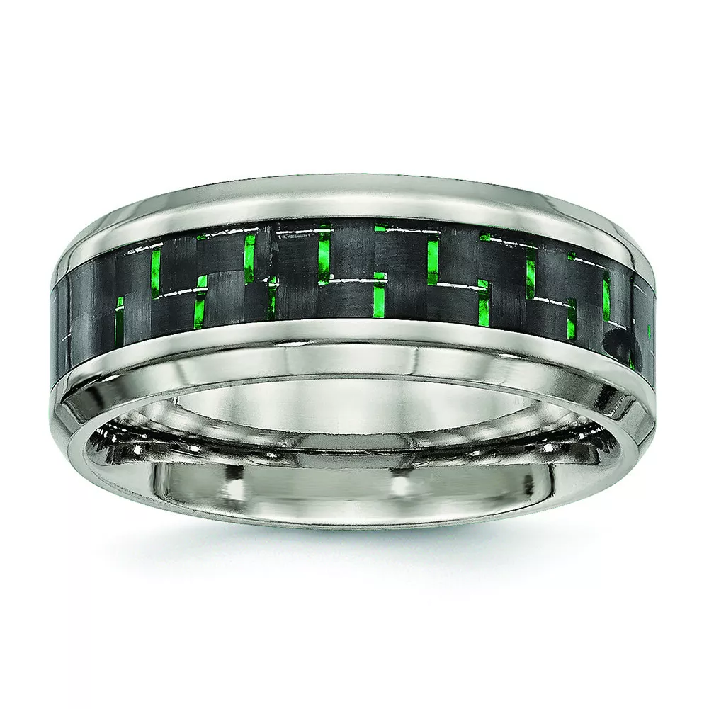 Chisel Titanium Polished Black Green Carbon Fiber Inlay Ring TB464