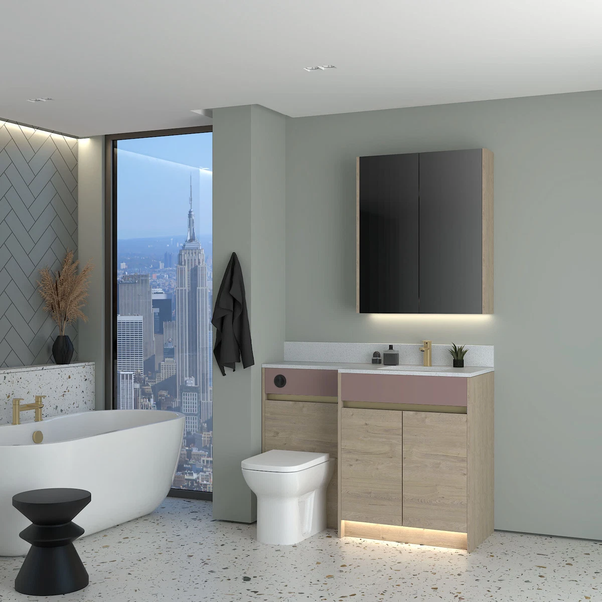 BATHROOM FITTED FURNITURE PINK MATT OAK 1300MM E3 WITH MIRROR WALL