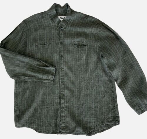 Flax 100% Linen Lagenlook Collared Button Up Size L Green Grid Lon Sleeve