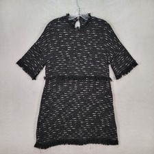 Zara Black Twill Fringe Hem Round Neck NEW Classic A Line Womens Dress Size M