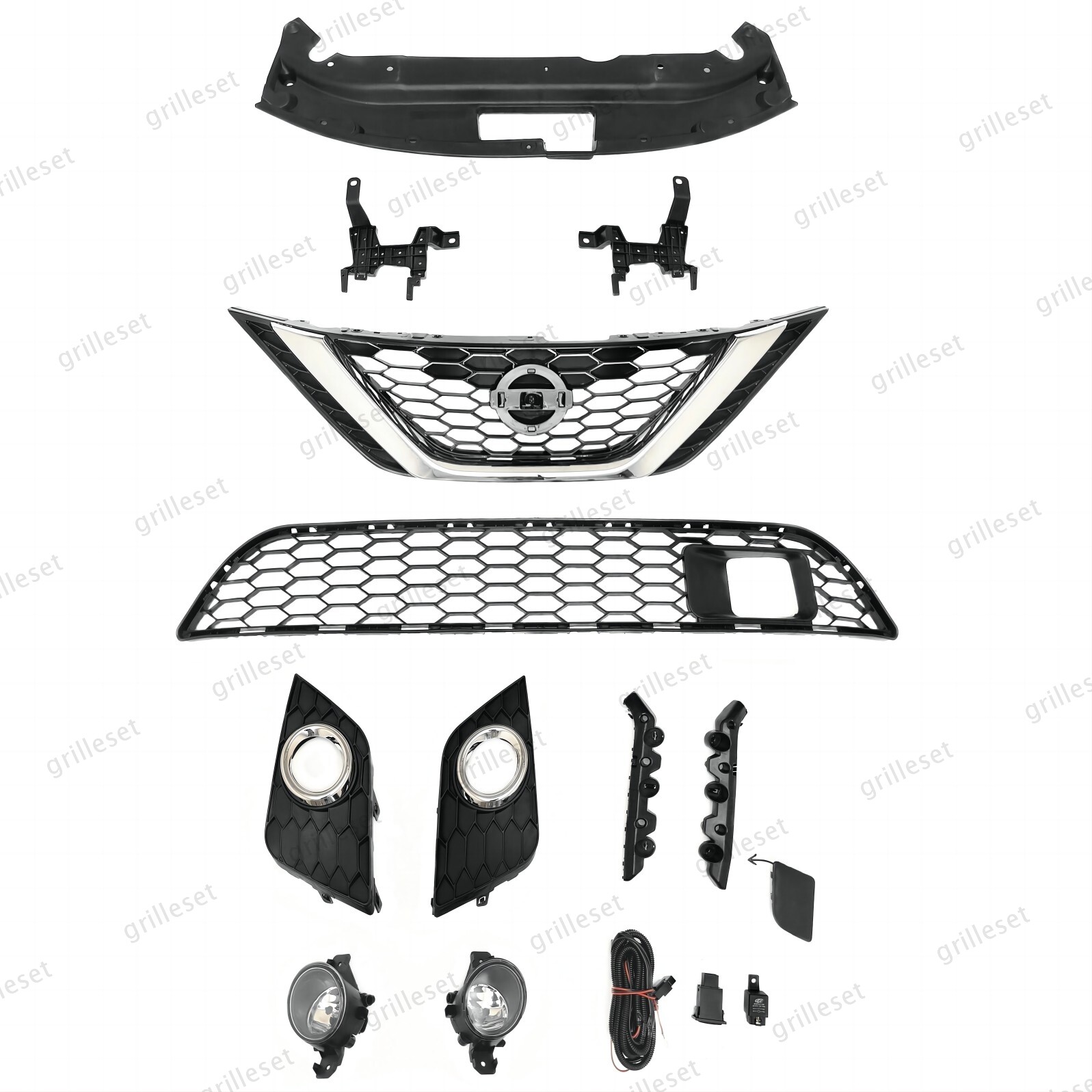12PC For Sentra 2016-19 Upper Chrome Grille, Lower Mesh & Fog Light Set Bracket