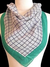 Vintage Cappagallo Woman's Plaid Silk Scarf Black & White With Green Trim 22”