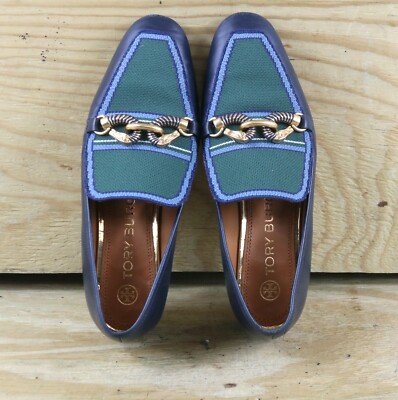 Tory Burch Loafers Women 7 M Blue Leather Green Rhinestone Jessa Horse Bit Flats
