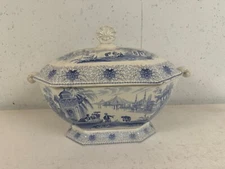 Antique William Adams Persia Pattern Blue & White Transferware Tureen w/ Ladle