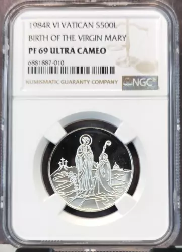 1984 VATICAN SILVER 500 LIRE THE VIRGIN MARY NGC PF 69 ULTRA CAMEO RARE TOP POP